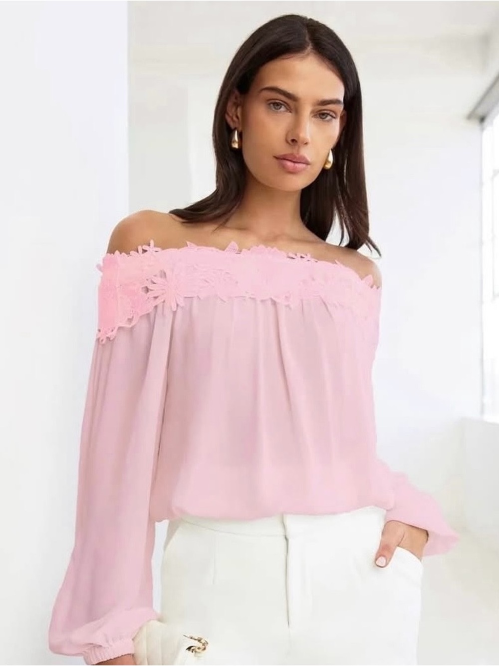 Generation Love Off-Shoulder Lace-Trim Blouse - Light Pink